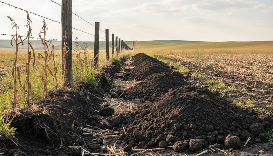 Soil piled along a fence post and uneven prairie ground showing surface creep effects.