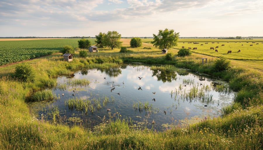 Prairie wetland or slough with reeds and shallow water bordered by agricultural land