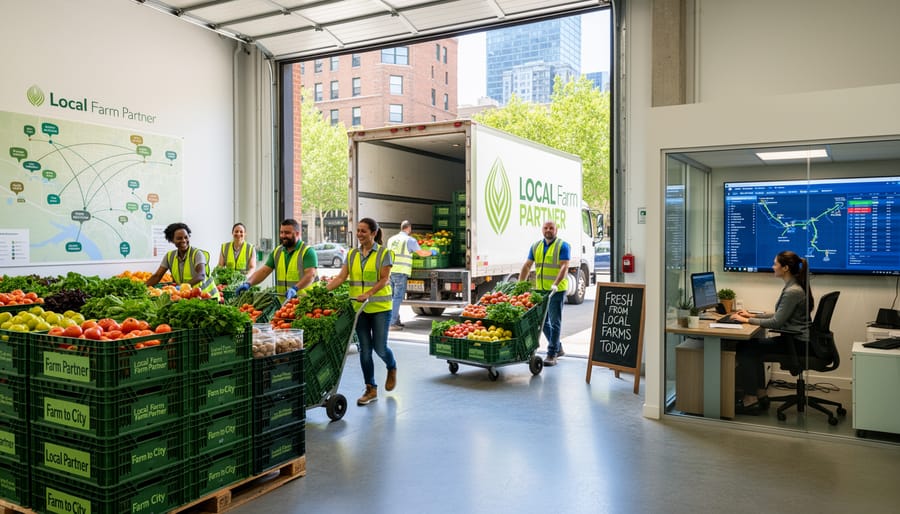 Workers carrying crates of produce toward a refrigerated van at an urban food hub