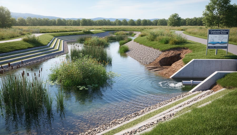 Retention pond and wetland plants used for water treatment on an agricultural property