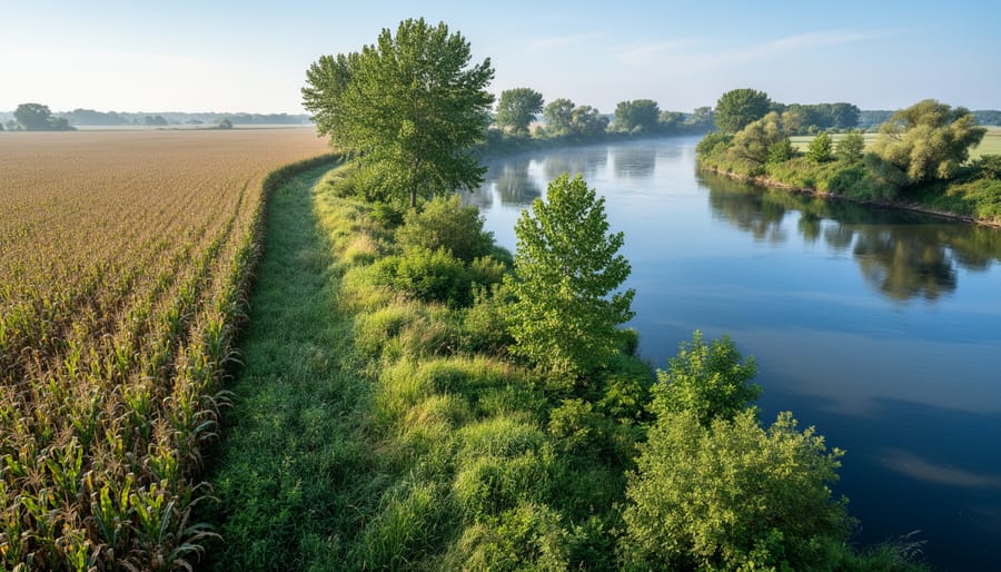 Grassy and wooded riparian buffer along a small river with flowing water in the background