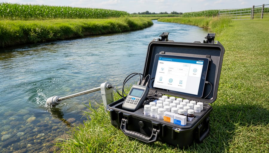 Water sampling equipment arranged on a riverbank next to flowing river water
