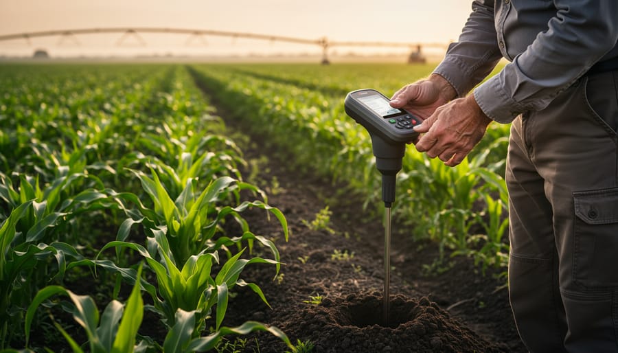 Farmer inspecting soil near an irrigation furrow using a handheld moisture probe.