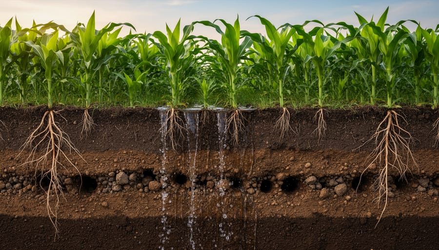 Close-up of a soil profile in a soil pit showing crumbly topsoil and visible plant roots.