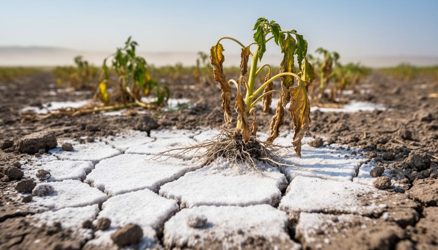 Close-up of soil with pale salt crust and drought-stressed crop plants in an agricultural field