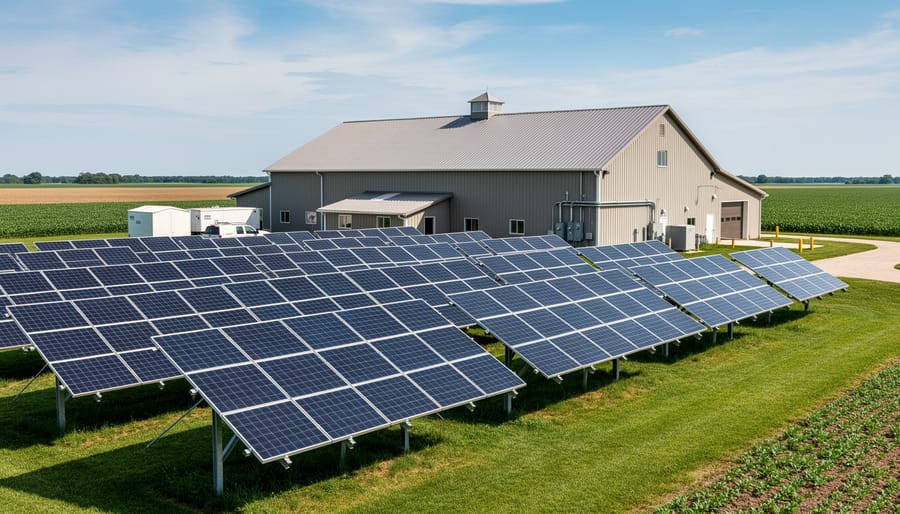 Solar panels mounted near a barn on a Canadian farmyard under an overcast sky