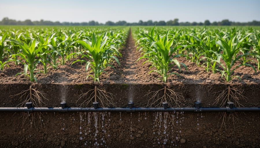 Ground-level view of subsurface drip irrigation tubing emerging near moist soil and crop roots.