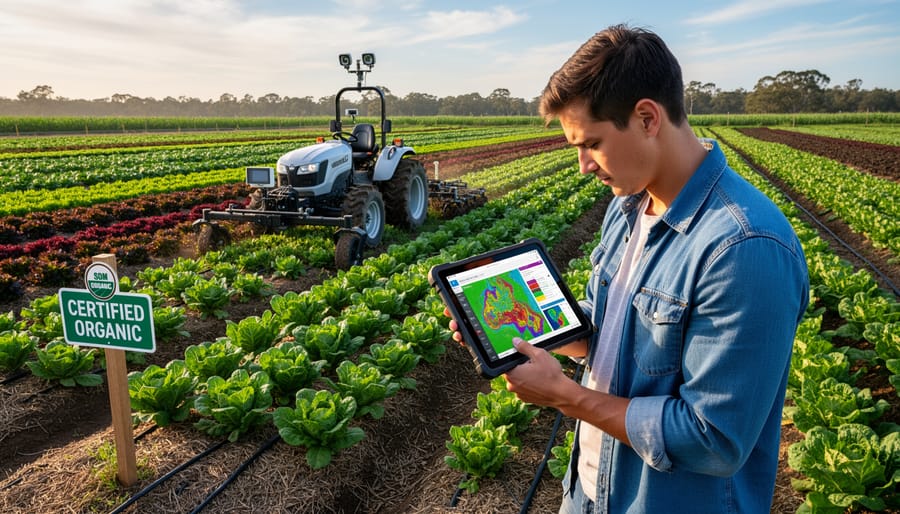 View from a tractor cab over organic crop rows with precision agriculture equipment, background rural landscape blurred