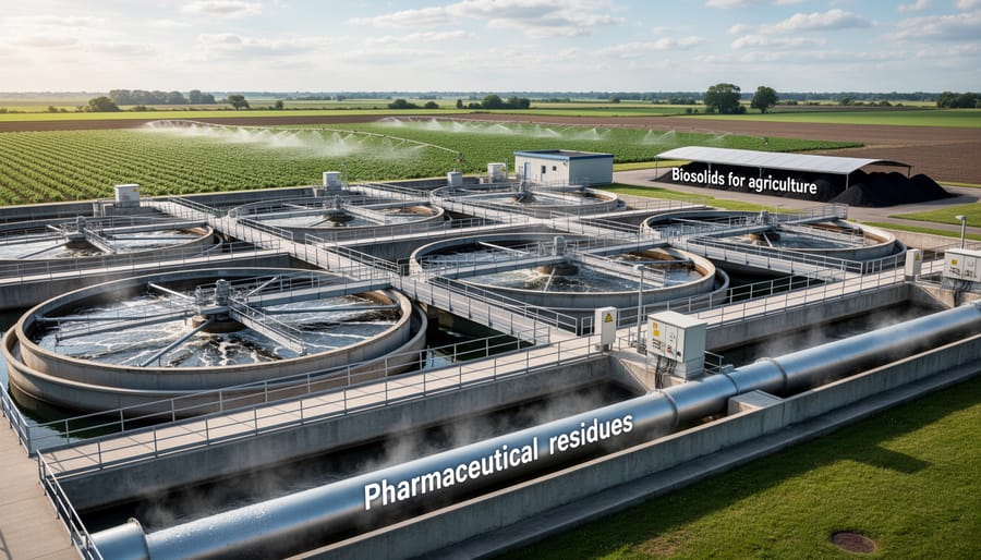 Municipal wastewater treatment facility with concrete tanks and pipe infrastructure under an overcast sky