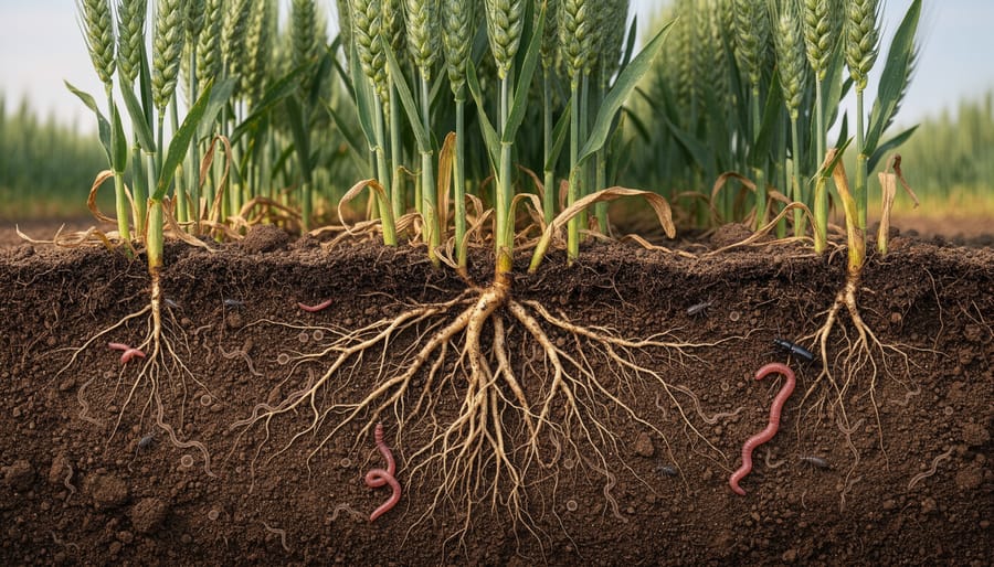 Macro view of wheat roots with fine soil crumb structure and visible soil fungal growth