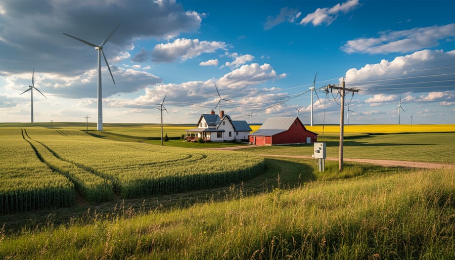 Wind turbines over a prairie field with farm irrigation equipment in the foreground