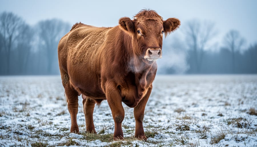 Beef cow standing in a winter paddock with visible breath in cold air