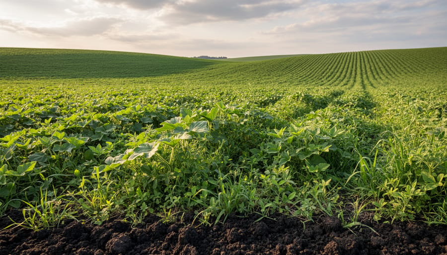 Regenerative organic field with cover crops growing in a Canadian prairie landscape