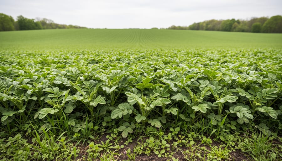 Alberta farm field with dense cover crop vegetation covering the soil surface between crop rows