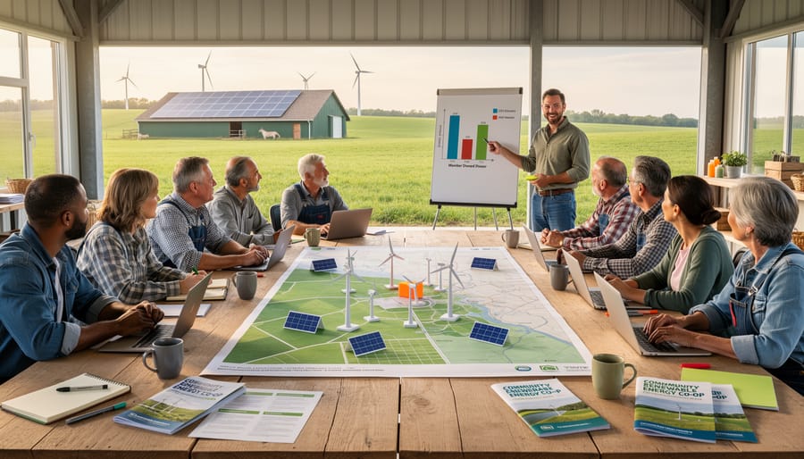 Farmers gather in a barn office to discuss community renewable energy plans around a table.