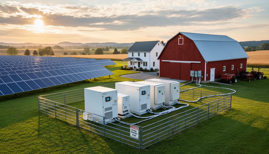 Solar panels at an Alberta farm during blue hour next to a containerized energy system stand