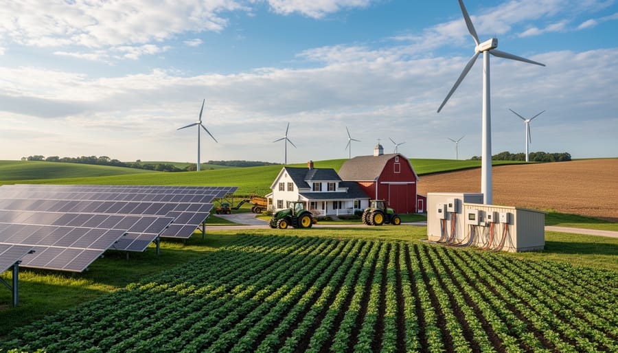 Sunset view of an Alberta farmstead with rooftop solar panels and a wind turbine in the background