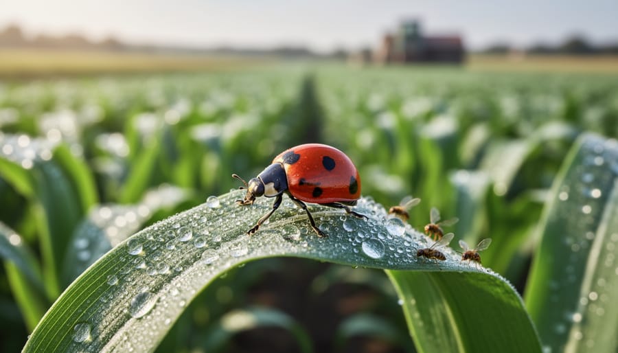 Beneficial lady beetle in a jar next to a butterfly net in an organic crop field.