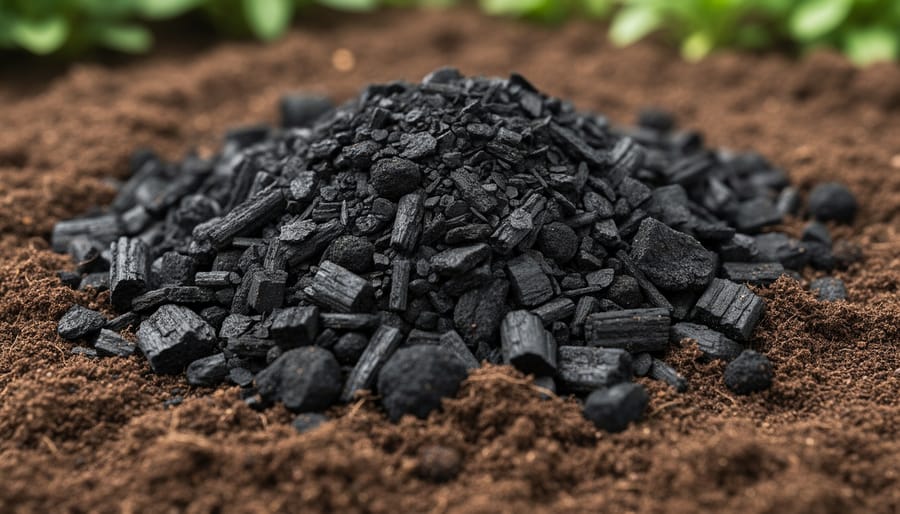 Close-up of biochar granules blended into dark soil with visible organic texture