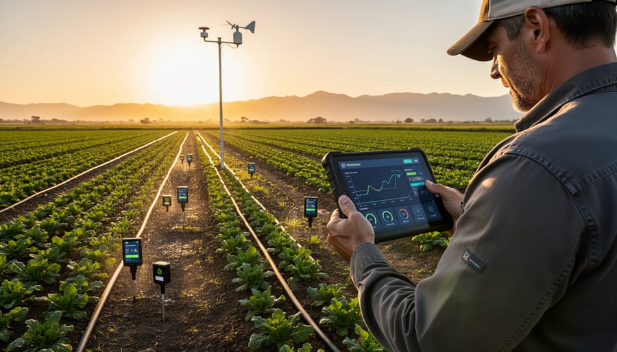 Researcher kneeling in a plant research area holding a handheld water-monitoring device near a leafy plant