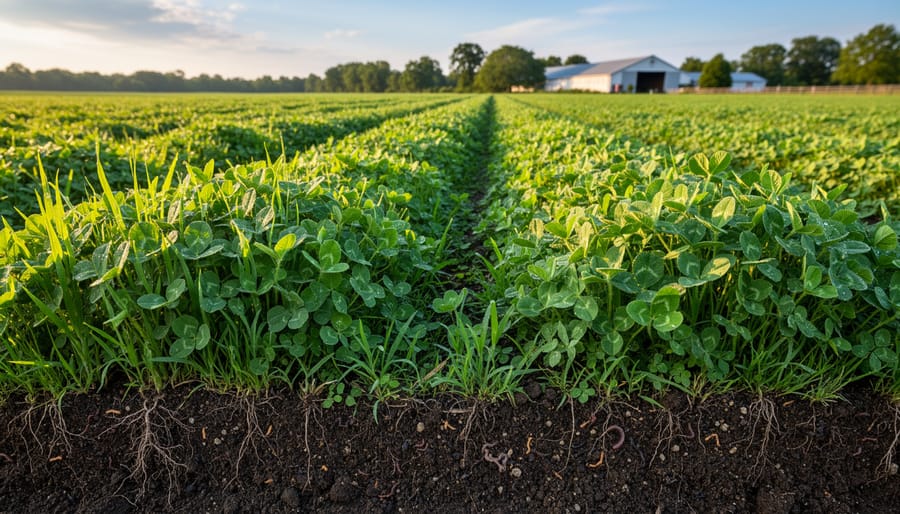 Canadian organic farm field showing diverse cover crops growing in rows