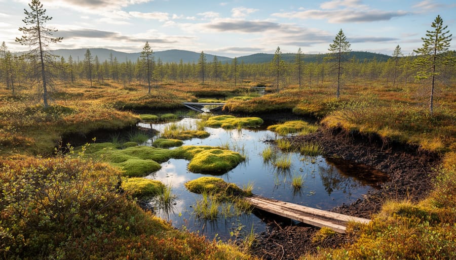 A Canadian peatland landscape with reedy wetland edges and dark peat-rich ground in cool twilight light