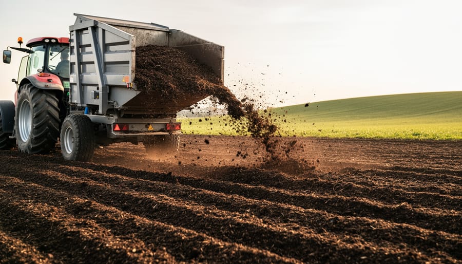 Compost spreader distributing mature compost onto agricultural field soil