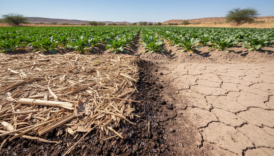Cover crops and straw mulch protecting moist-looking soil with visible residue in an open field