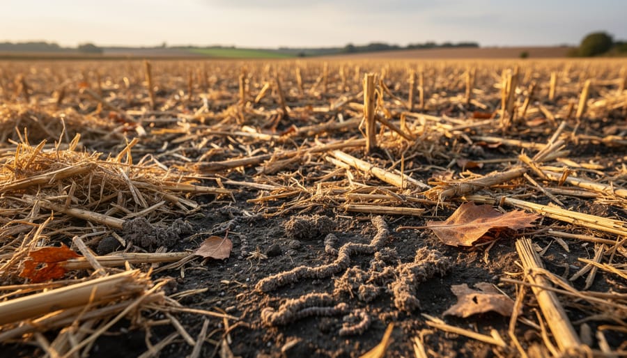 Close view of cereal straw and stubble returned to an agricultural field at golden hour