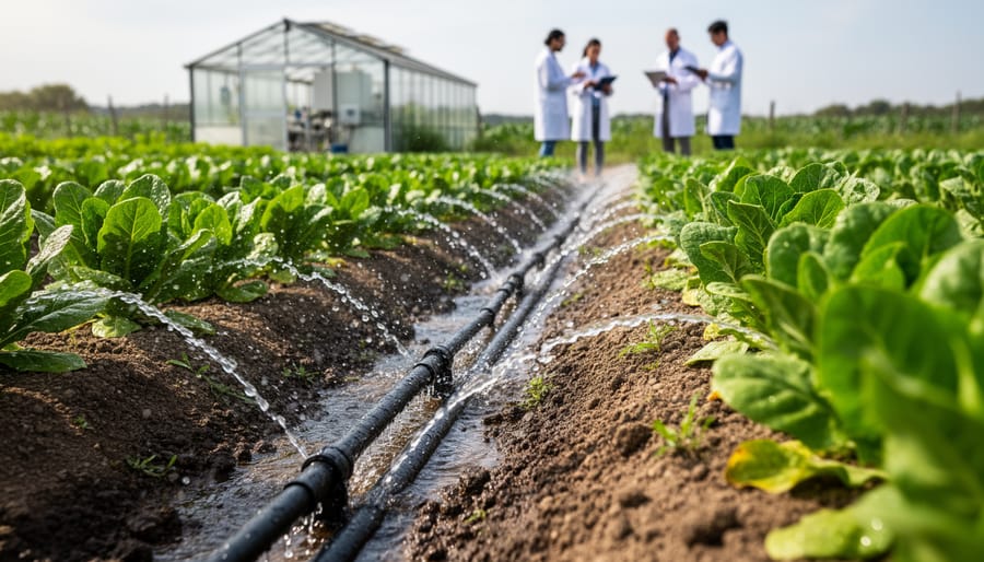 Drip irrigation water running along tubing between organic crop rows under an overcast sky