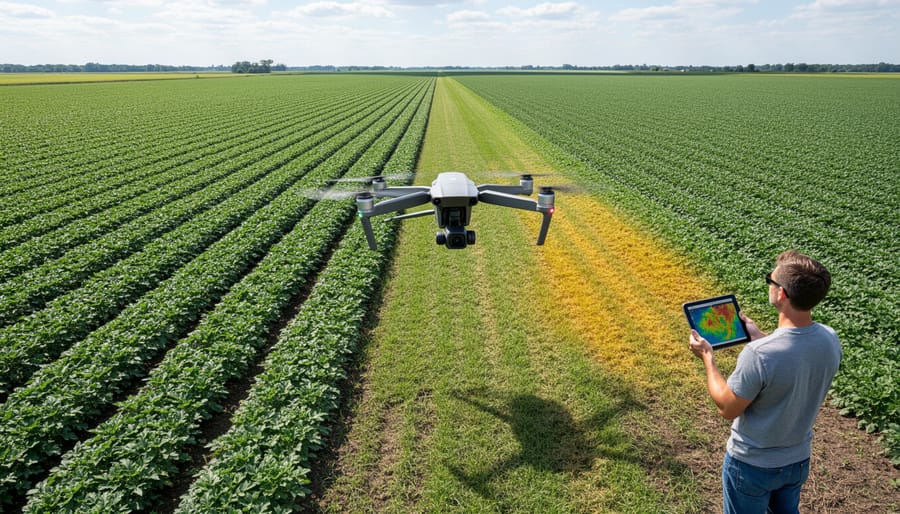 Drone hovering over a wheat field during golden hour.