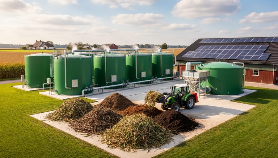 Biogas digester on a farm with stainless steel fermenter tanks and pasture in the background