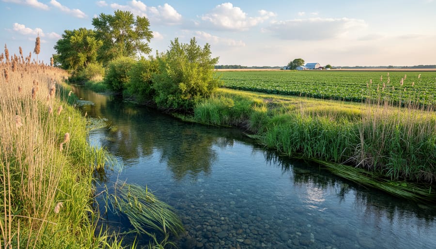 Shoreline of a farm dugout or wetland with sedge and grass vegetation and reflective water under daylight.
