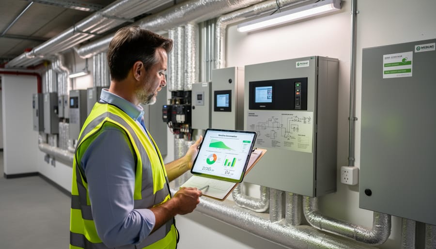 Energy auditor inspecting an electrical panel inside a farm utility building