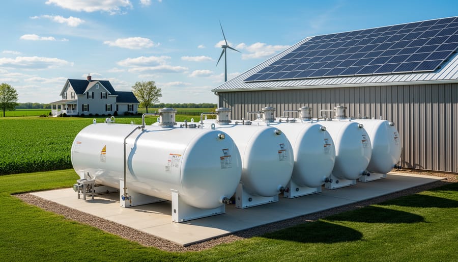 Worker standing near cylindrical hydrogen storage tanks at a farm facility
