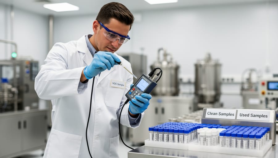 Gloved farmer collecting a sterile water sample for laboratory testing