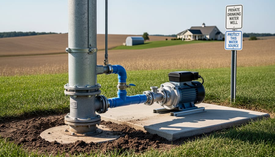 Rural farm well head with pump equipment in front of blurred farm fields