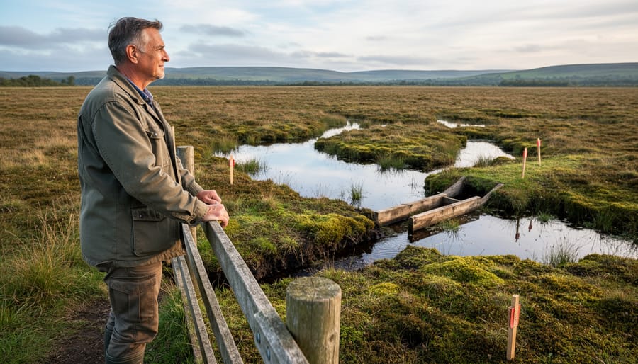 Alberta farmer standing at the edge of a peatland restoration area holding a notebook