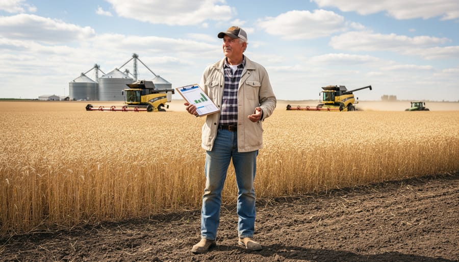 Canadian farmer holding a clipboard in a field with crops in the background