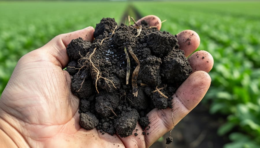 Farmer holding a handful of crumbly dark soil beside a growing crop and cover vegetation.