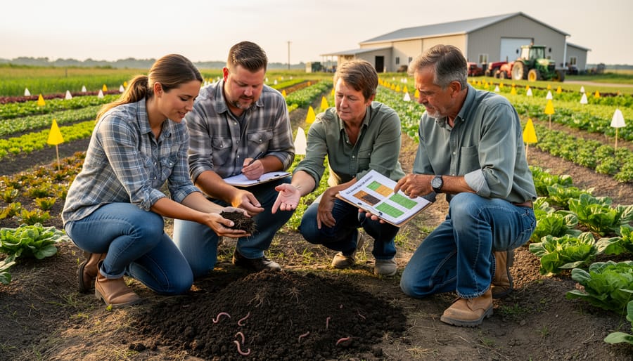 Farmer kneeling and inspecting exposed soil in a crop field