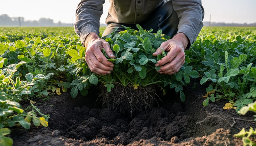 Farmer inspecting soil and cover crop growth in an Alberta field at golden hour