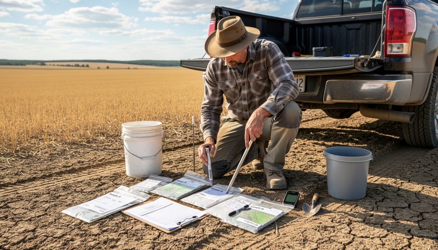 Farmer holding a soil probe and sample bags while preparing for soil testing in a crop field.