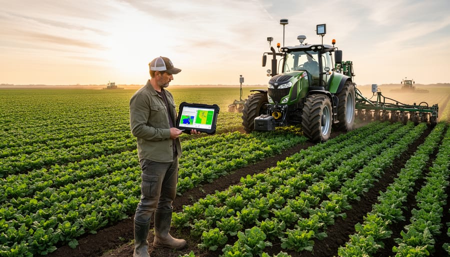 Farmer standing in a crop field using a tablet beside a GPS-guided tractor and sprayer.