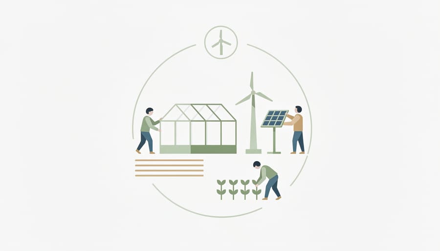 Farmer and family walking beside solar panels at a greenhouse farm