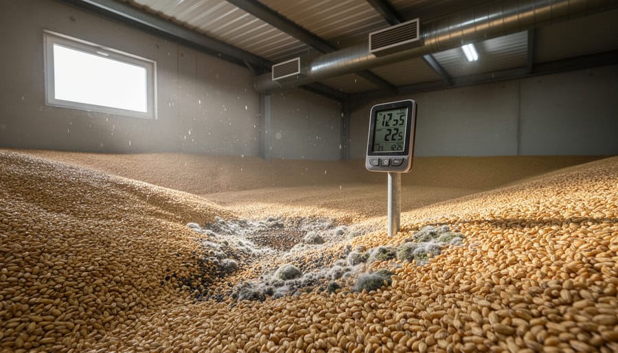 Inside a grain storage facility with stacked pallets of harvested crops and ventilation