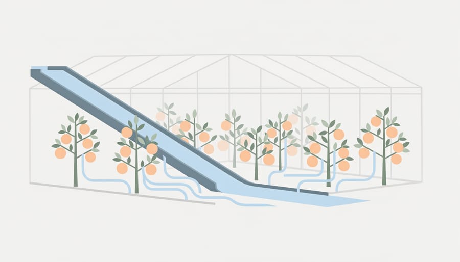 Water flowing from a gravity-fed irrigation channel into a citrus growing area