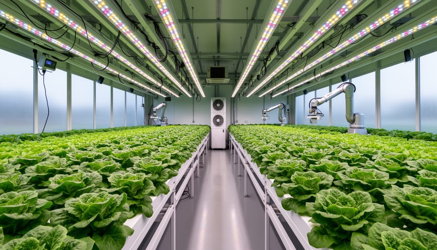 Greenhouse interior with rows of leafy greens under overhead grow lights and automated irrigation equipment.