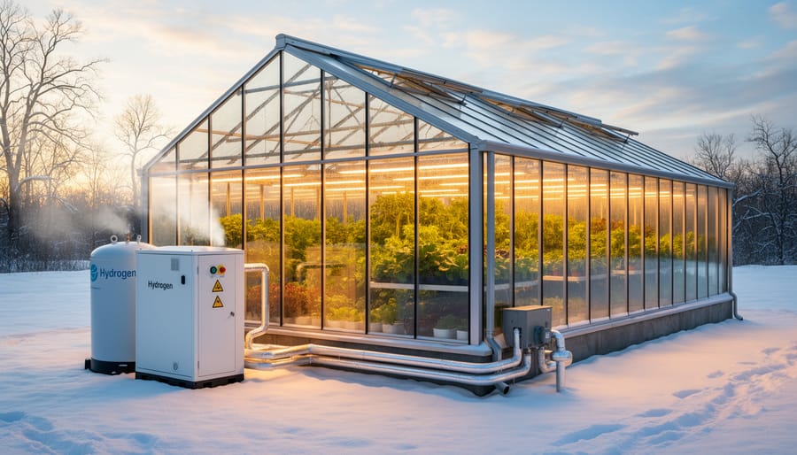 Greenhouse seedlings with heating equipment and ducting along an aisle