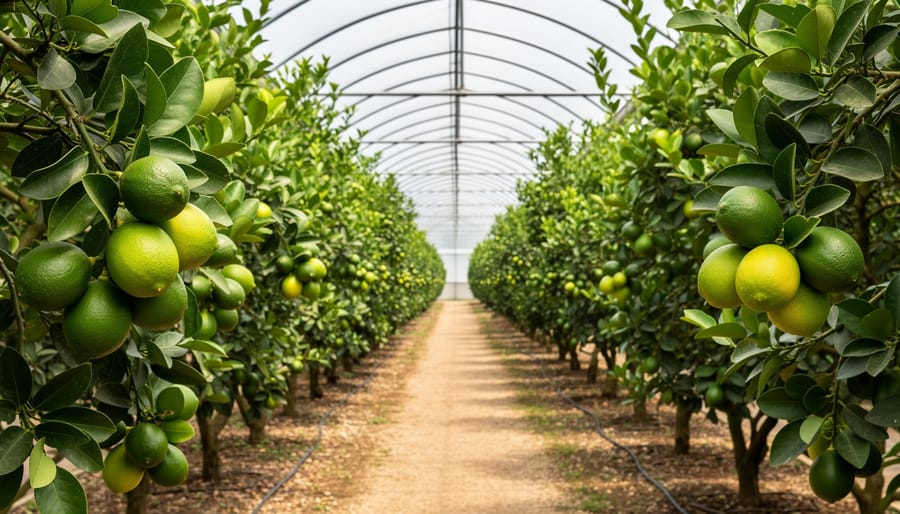 Key lime trees growing in a heated greenhouse with fruit clusters along a row
